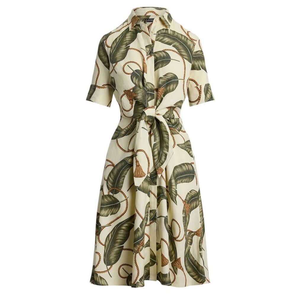 Lauren Ralph Lauren Womens Plus Rope-Print Tie-Front Linen Shirtdress 22 Cream